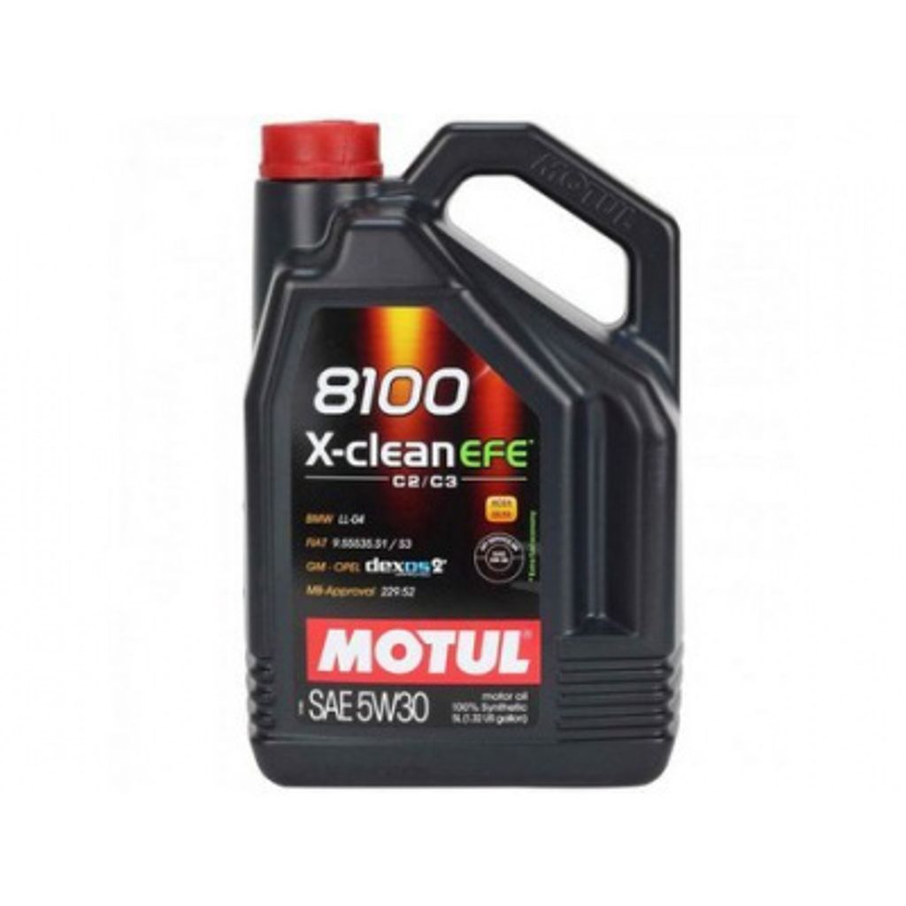 A black plastic bottle of Motul 8100 X-Clean EFE C2/C3 5W30 motor oil against a white background.