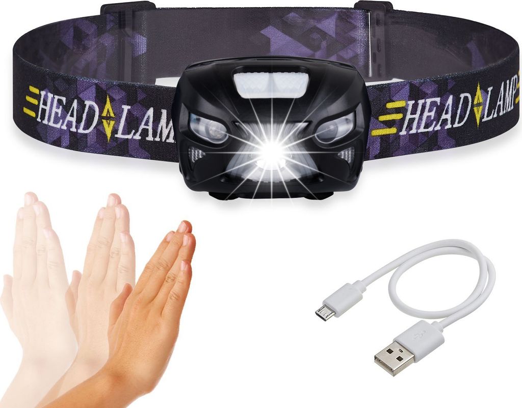 Über USB wiederaufladbare Stirnlampe – 160 Lumen, helle, leichte und bequeme LED-Stirnlampe mit integriertem Bewegungssensor, zoombar, wasserdic...