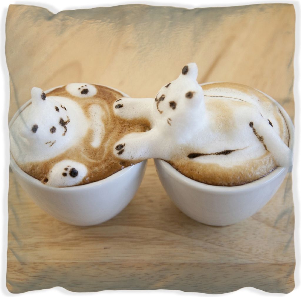 Wallario Premium Kissen, weiche Oberfläche, mit Motiv Süße Milchschaum Katzen auf Kaffee, Größe: 30 x 30 cm, mit weißer Rückseite