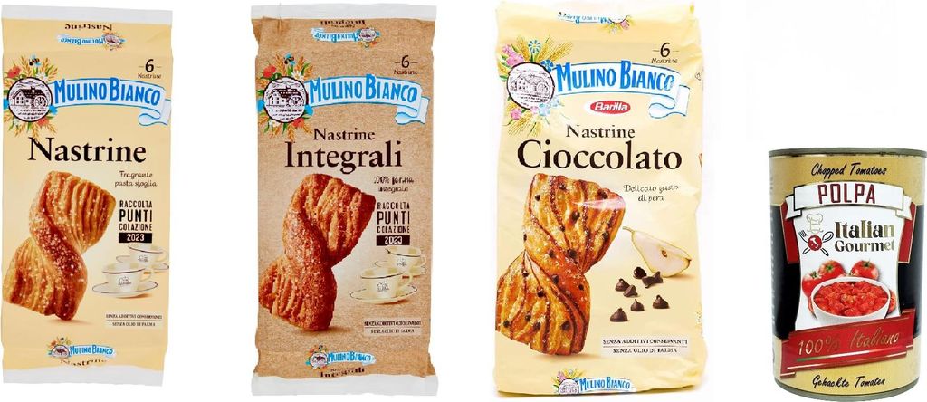 Testpaket Mulino Bianco Kuchen Nastrine,Vollkornmehl und mit Schokoladenstückchen 3 Stück 240g + Italian Gourmet polpa 400g