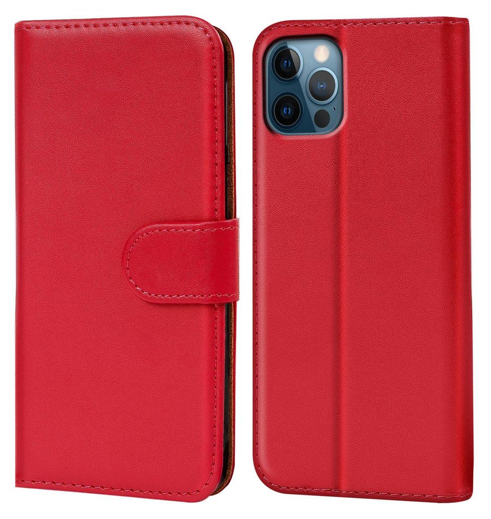 A red flip case for a smartphone is shown from the front and back.