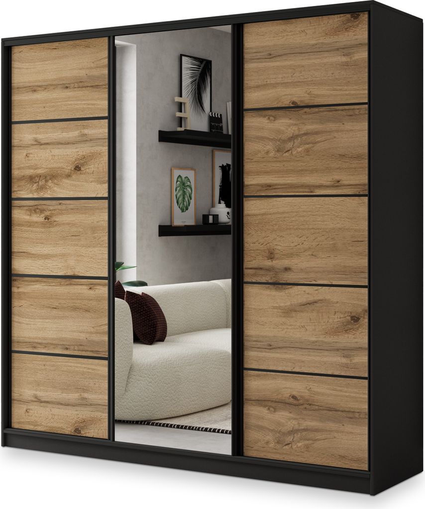 Masseno Schiebetürenschrank NATA 200/205/58 cm Kleiderschrank mit 4 Schubladen Schlafzimmer Schrank 3-türig mit Spiegel Schwarz / Eiche Wotan