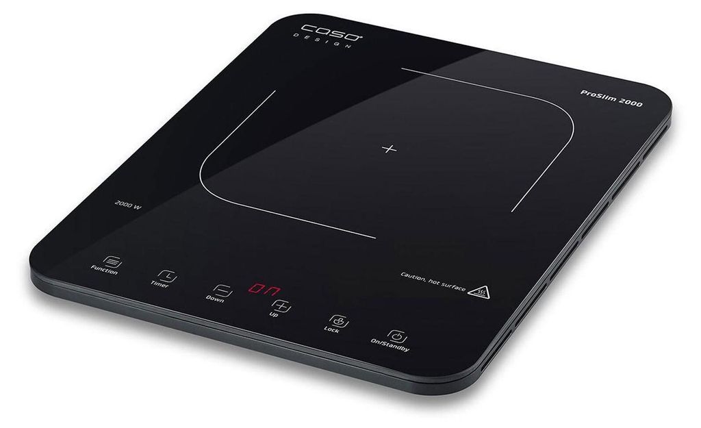 A black induction cooktop is shown from a diagonal angle on a white background.