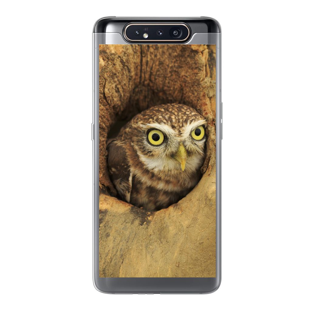 MuchoWow Handyhülle Schutzhülle Hülle für Samsung Galaxy A80 Braune Eule, die aus einem Loch in einem Baum schaut Silikon Softcase Handy Hül...