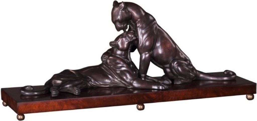 Casa Padrino Luxus Deko Bronzefiguren mit Holzsockel 2 Tiger Bronze / Braun 83 x 23 x H. 34 cm - Luxus Qualität
