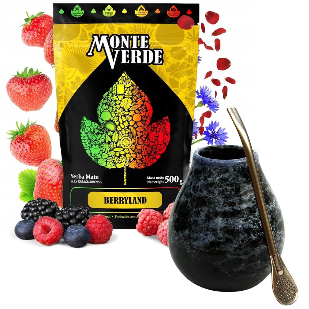 Yerba Mate-Tee Set mit Yerba Mate Monte Verde Berryland 500g - Keramik mate-tee tasse Marmol 350ml - Edelstahl Bombilla 19cm