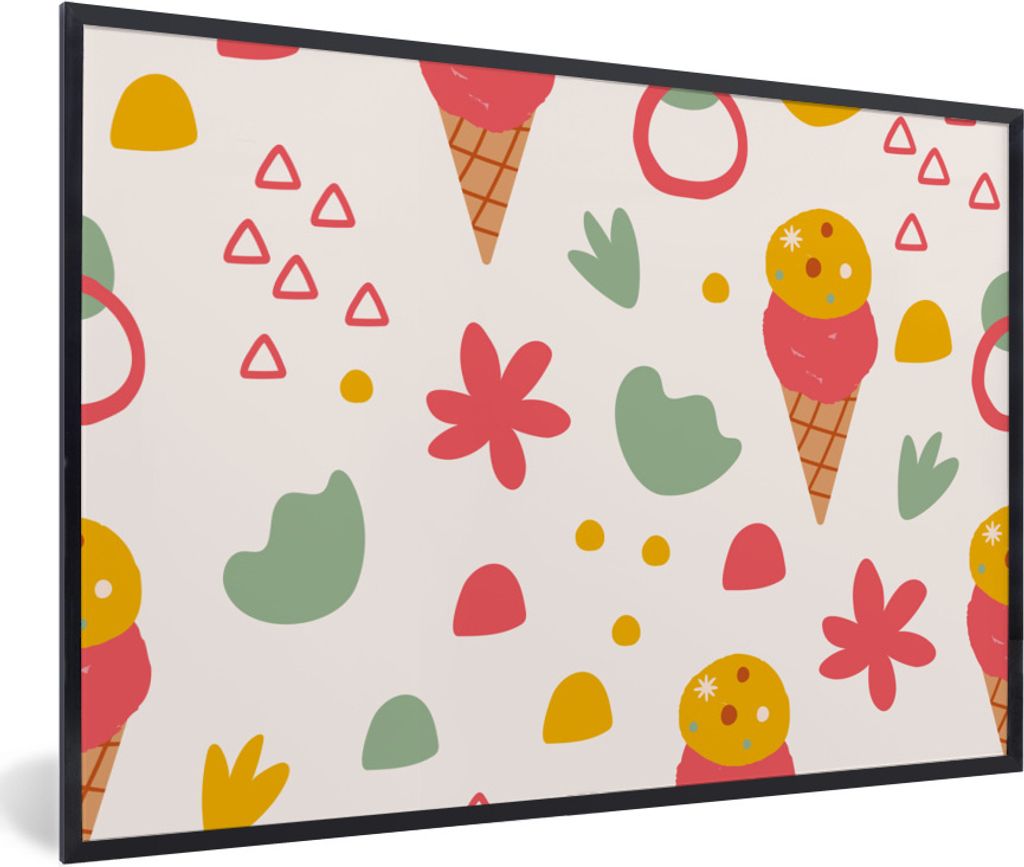 MuchoWow Gerahmtes Poster Eiscreme - Dreieck - Blumen - Muster 90x60 cm - Poster mit Schwarzem Bilderrahmen Wandposter Rahmen Foto Bilder - Fotor...