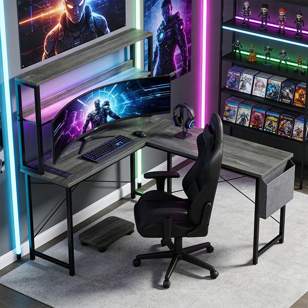 ZELURXX L-förmiger Gaming-Schreibtisch mit LED-Beleuchtung, Steckdosen und USB-Ports, Grau