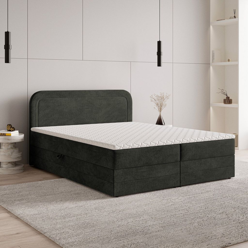 Masseno Boxspringbett ARMEL 140x200 cm Komplett-Set mit Bonell Matratze und Topper, Polsterbett mit Bettkästen -Schwarz, MONOLITH 95
