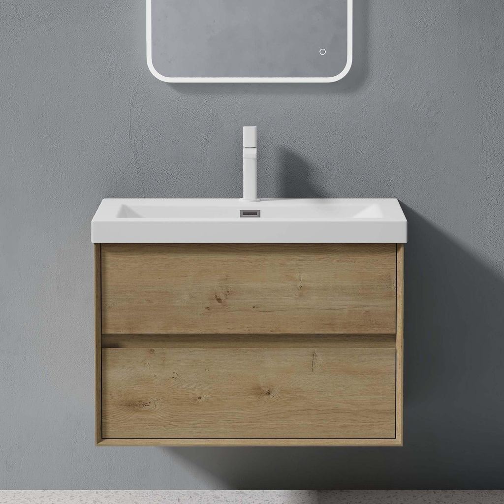 doporro Badmöbelset Waschbecken-Unterschrank mit Soft-close in Kerneiche Wandhängender Badezimmerunterschrank 76,5cm inkl.Mineralguss-Waschbecken...