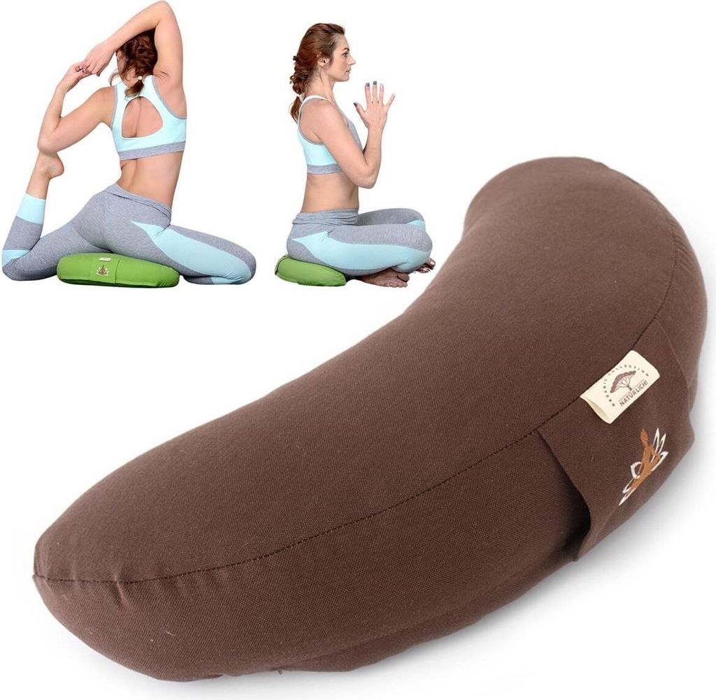 A collage showing a yoga cushion and two women performing yoga poses on smaller green cushions.