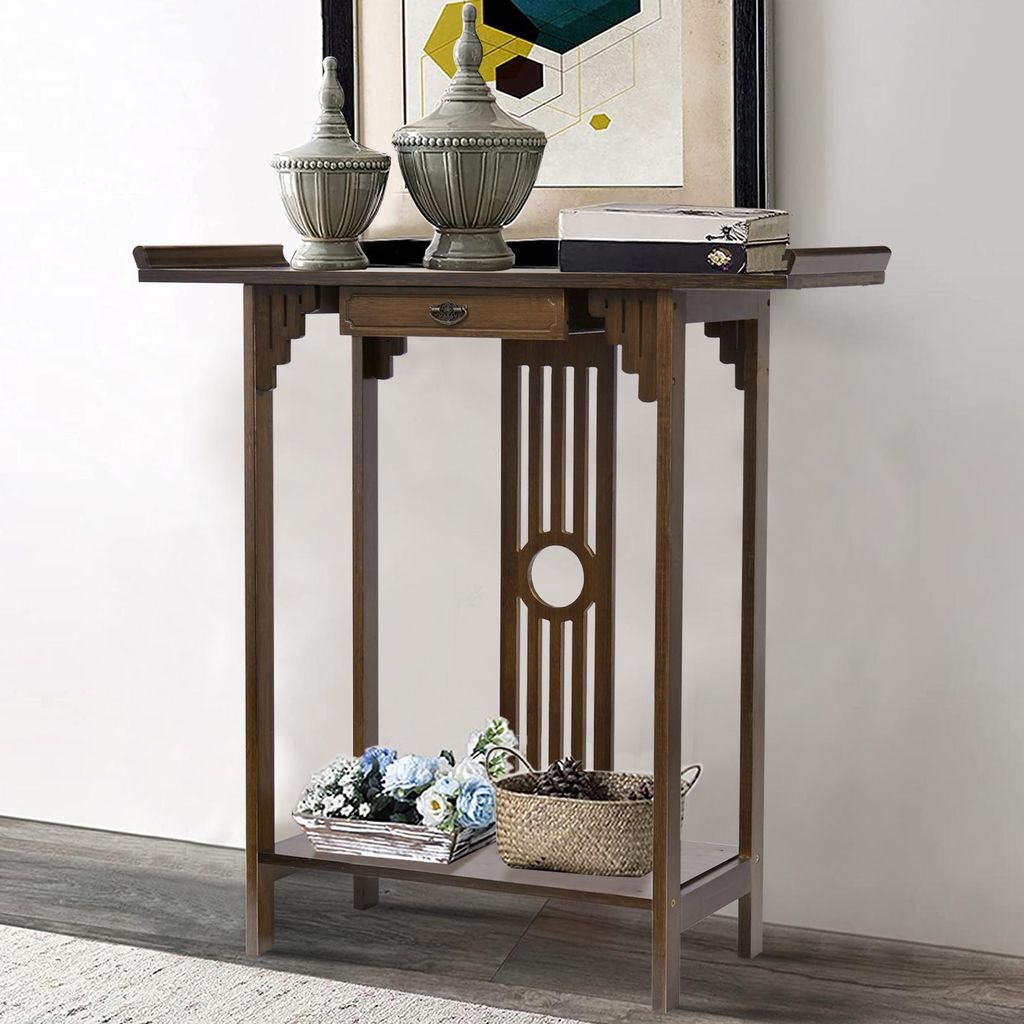 FATIVO Konsolentisch Holz Schmal mit Schublade, 82x32x82 Sideboard mit 2 Ablagen Chinesischer Japanischer Stil für Flur Wohnzimmer Eingang