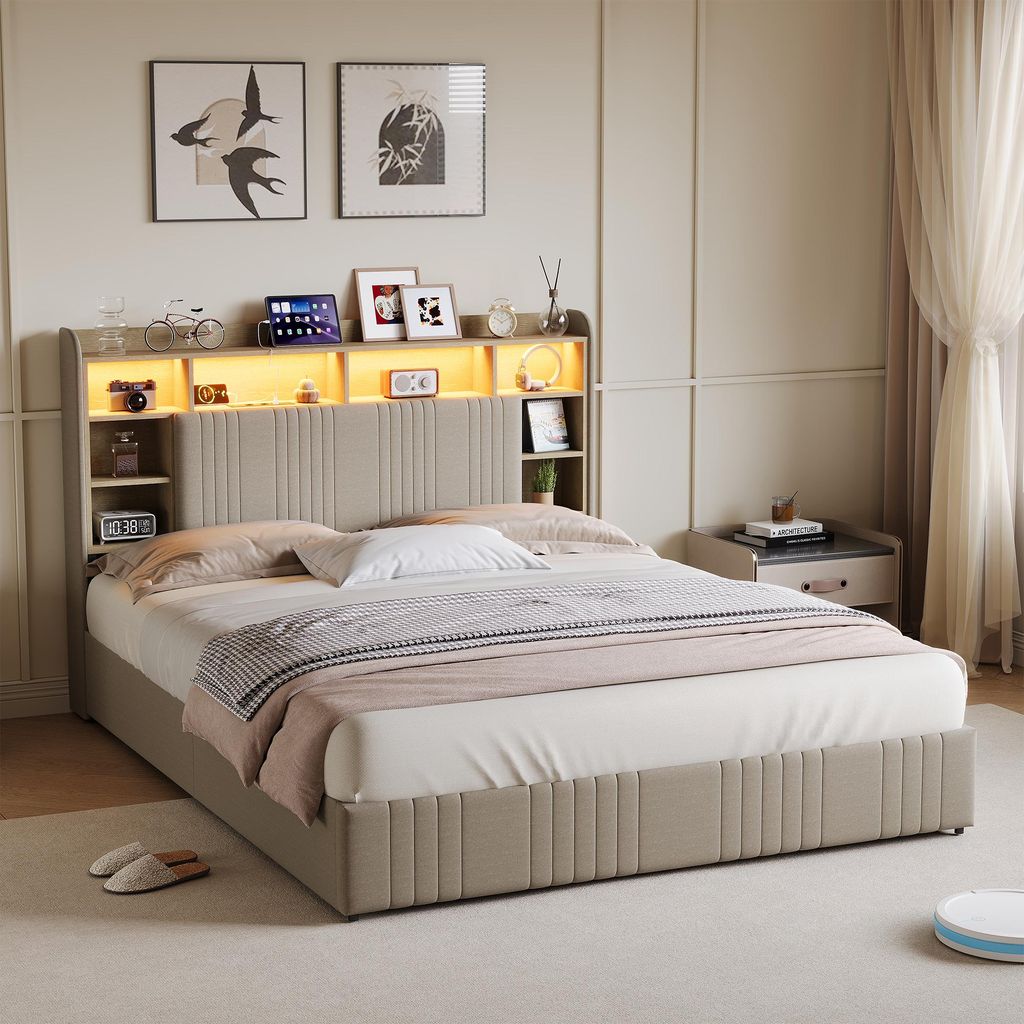 Bett 140x200cm Leinen Beige, 4 Schubladen, RGB LED, Kopfteil mit Stauraum & Ladestation