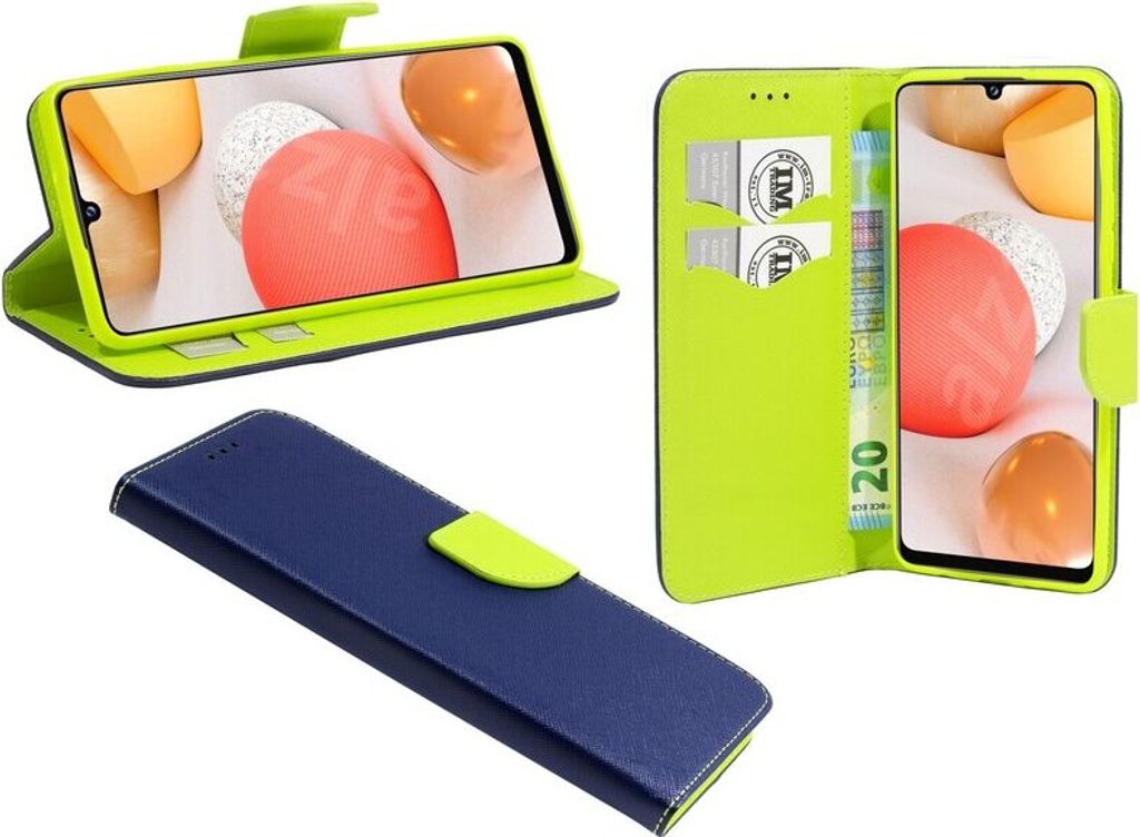 Buch Tasche "Fancy" für Samsung Galaxy A42 5G Handy Hülle Schutzhülle mit Standfunktion, Kartenfach Blau-Grün