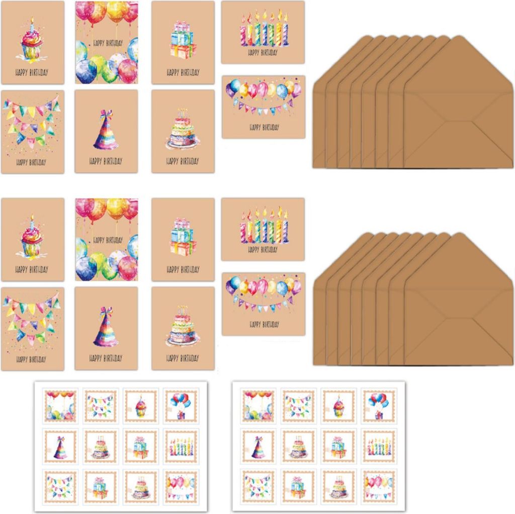 Geburtstagskarten Set mit Umschlag, 16 Stück Geburtstagskarten, 16 Stück Umschlägen und 24 Stück Aufklebern, Premium Klappkarten inklusive Brie...