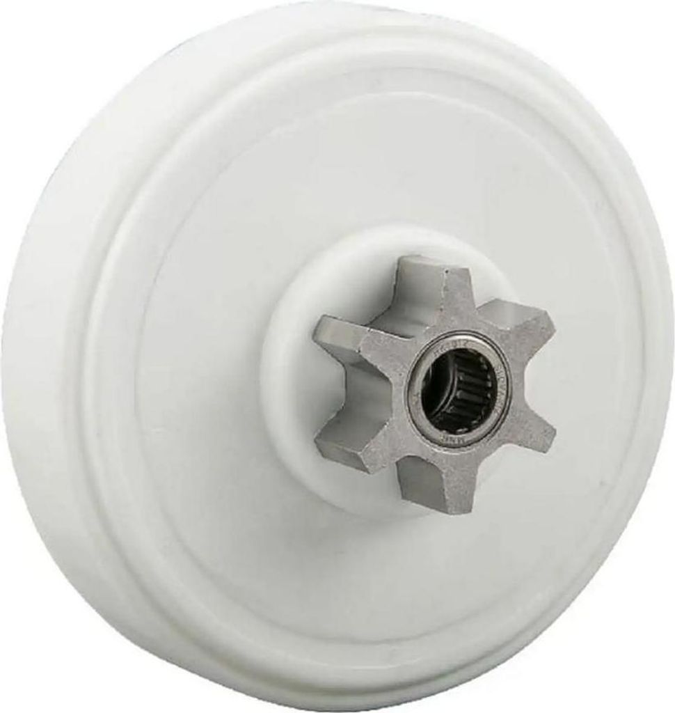 A close-up, studio shot of a white pulley wheel with a metal sprocket in the center.