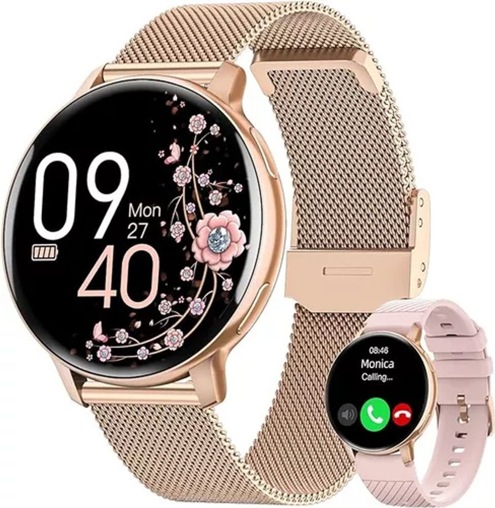 Damen Smartwatch 1,39" mit Anruf, Zyklus-Tracking,120+ Sportmodi,Herzfrequenz & Schlafmonitor,Schrittzähler,kompatibel mit Android&iOS,Geschenk-Gold