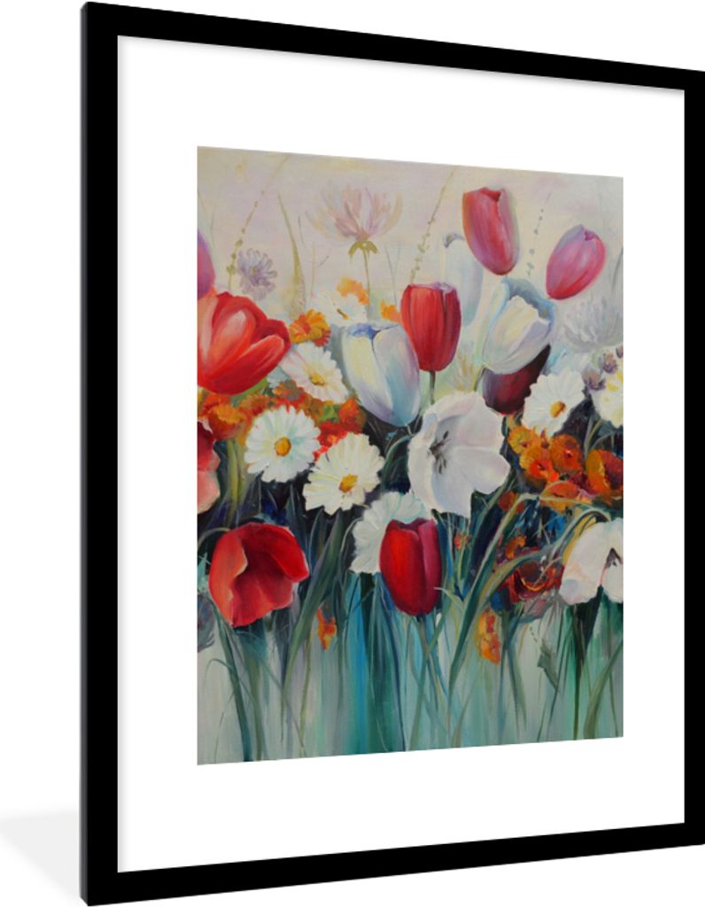 MuchoWow Gerahmtes Poster Malerei - Ölgemälde - Blumen 60x80 cm - Poster mit Schwarzem Bilderrahmen Wandposter Rahmen Foto Bilder - Wohnzimmer ...