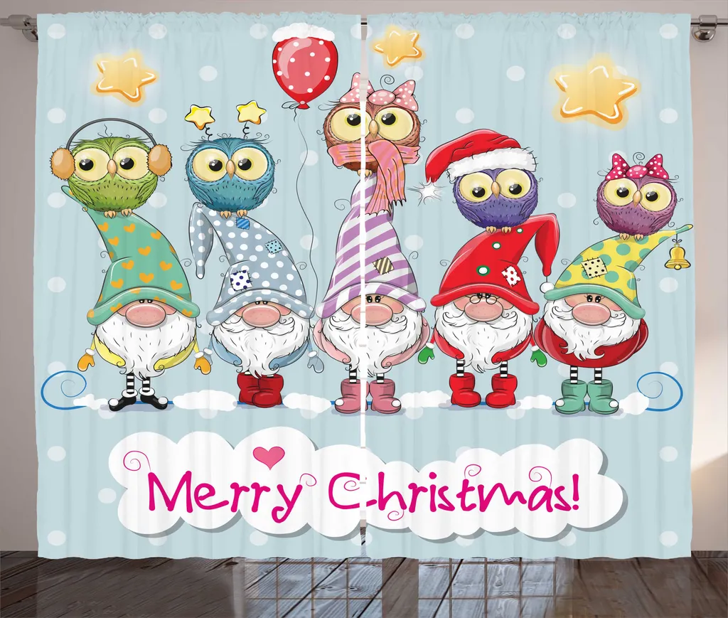 Rideau de Noël Prêt à Poser 280x225 cm Anti-Plis Motif Gnomes Colorés