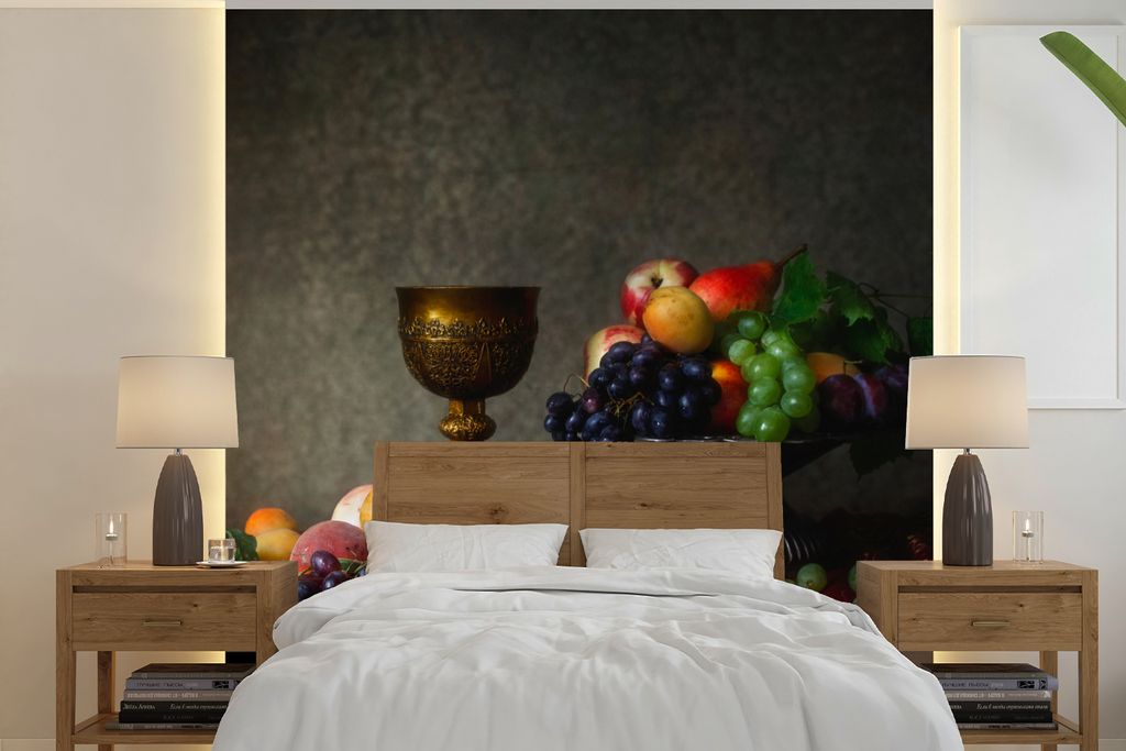 MuchoWow Fototapete für Wohnzimmer oder Schlafzimmer Wandtapete Vinyl Motivtapete Rustikal - Tisch - Obst - Stilleben - Tasse - 240x240 cm - Sch...
