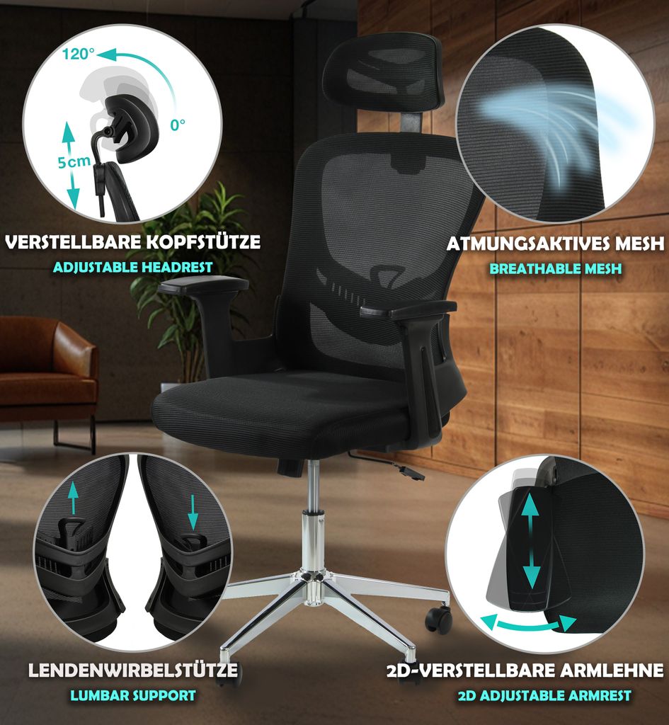 Sesto Senso Bürostuhl Ergonomisch Schreibtischstuhl mit beweglicher Lendenwirbelstütze und Verstellbarer Kopfstütze V3-2 Black