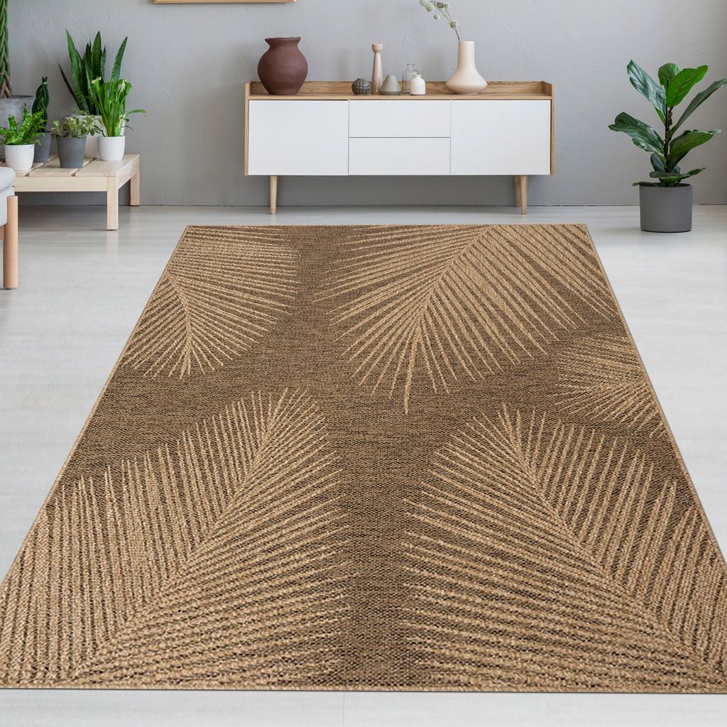 Stilvoller In- und Outdoorteppich im tropischen Blättermuster in Beige Braun Größe - 120 x 170 cm