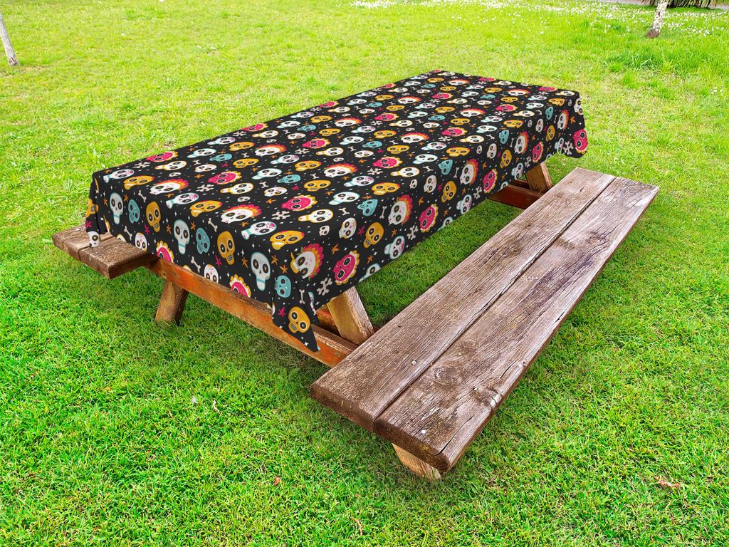 ABAKUHAUS Zuckerschädel Tischdecke Outdoor, Buntes traditionelles Feiertags-Muster mit Knochen blüht und spielt dunklen Hintergrund die Hauptroll...