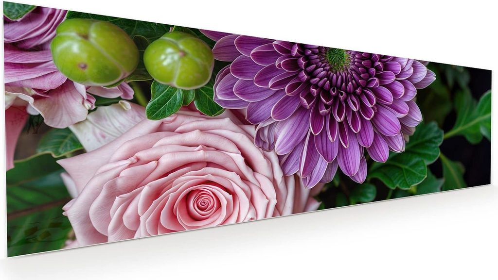 Glasbild 120x40cm in XXL für Wohnzimmer, Schlafzimmer Motiv Blumenarrangement