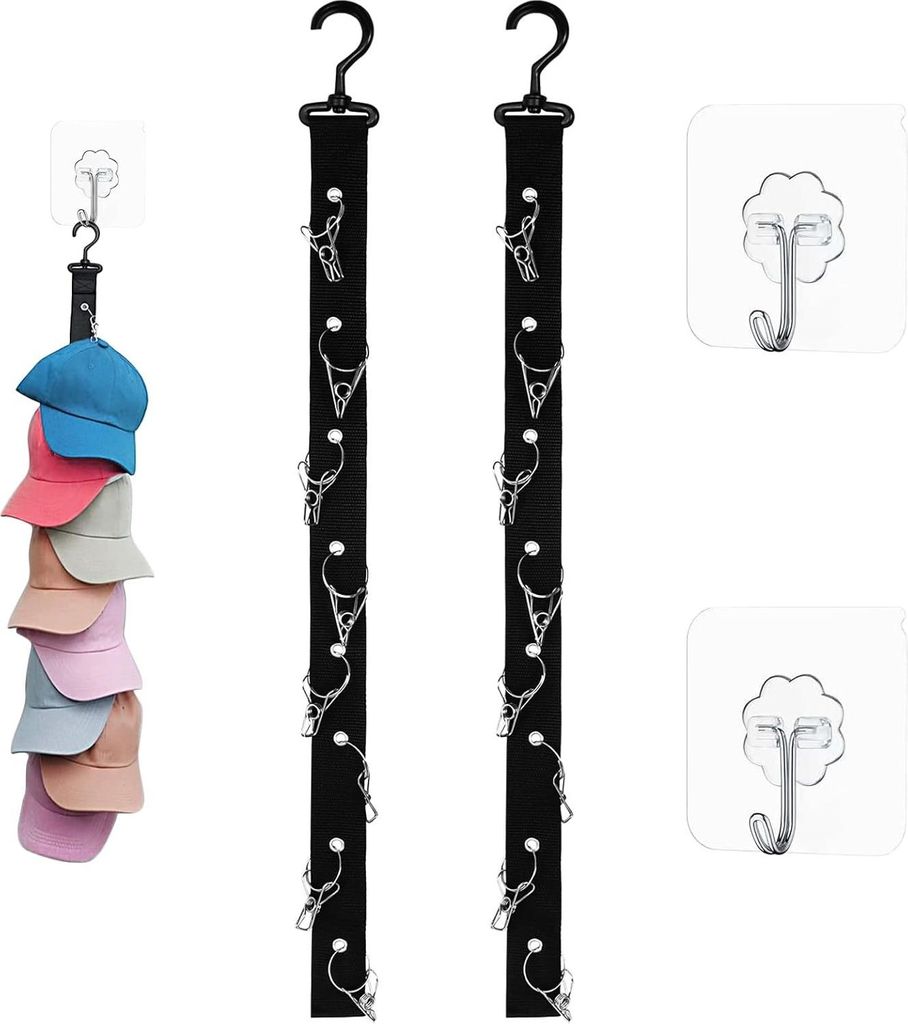 2 Stš¹ck Cap Halter, Cap Aufbewahrung, Cap Halterung Wand mit 16 Clips, Cap Organizer mit 2 Haken Selbstklebend, Kappenhalter Hutablage Aufh?ngen...