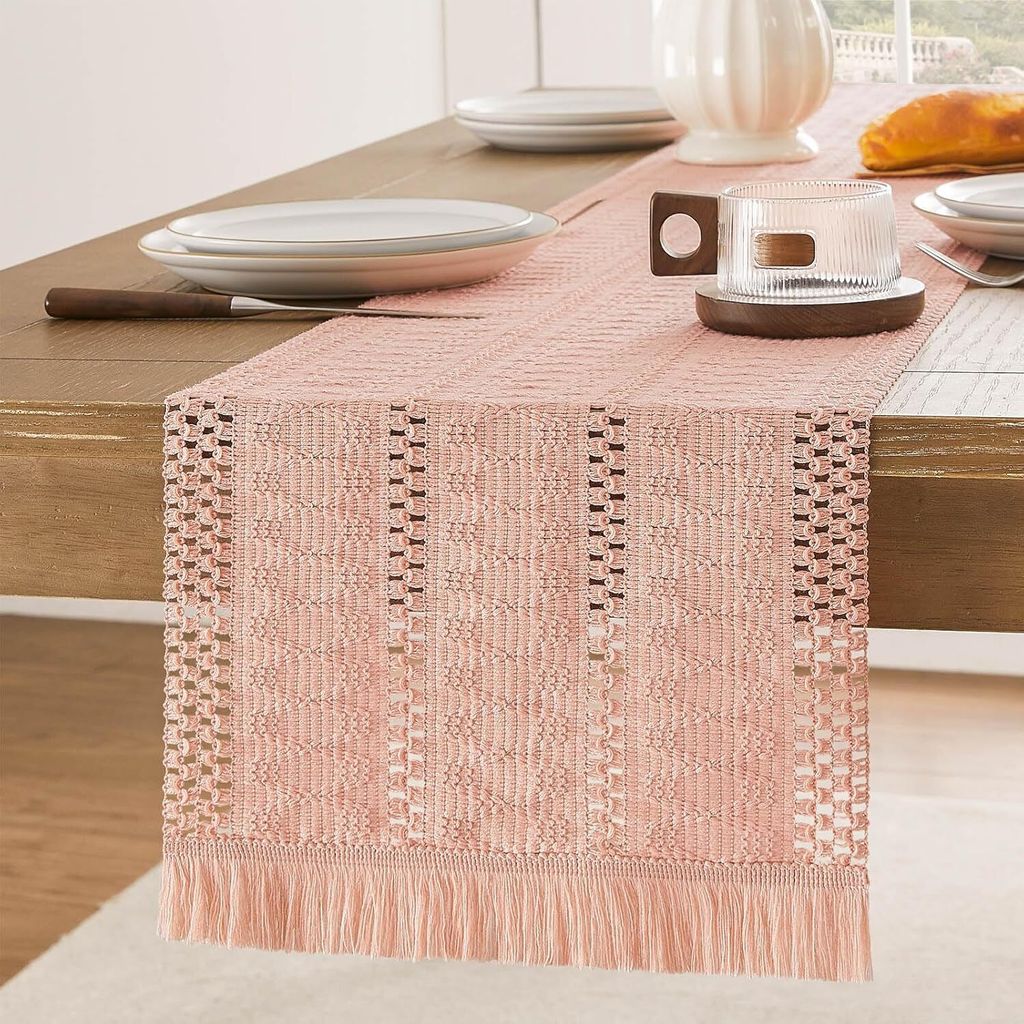 Tischläufer im Makramee-Stil mit kurzen Quasten, 30,5 x 183,9 cm, Rosa, Landhaus-Tischläufer, 183 cm lang, Boho-Gewebe, Heimdekoration