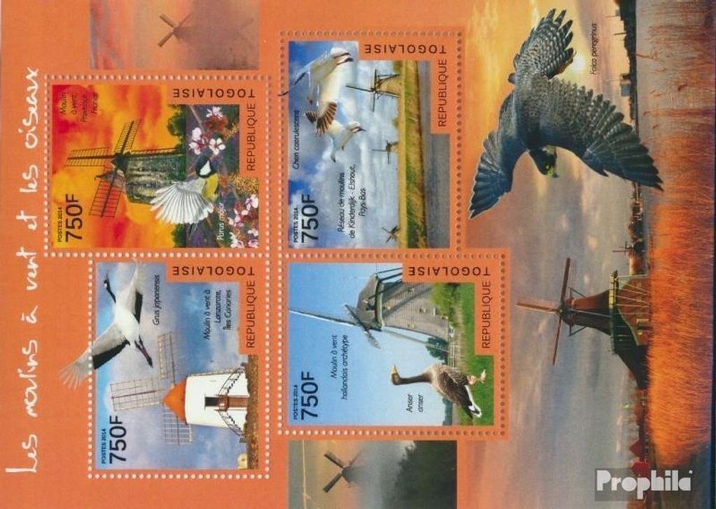 Briefmarken Togo 2014 Mi 6171-6174 Kleinbogen (kompl. Ausgabe) postfrisch Windmühlen und Vögel
