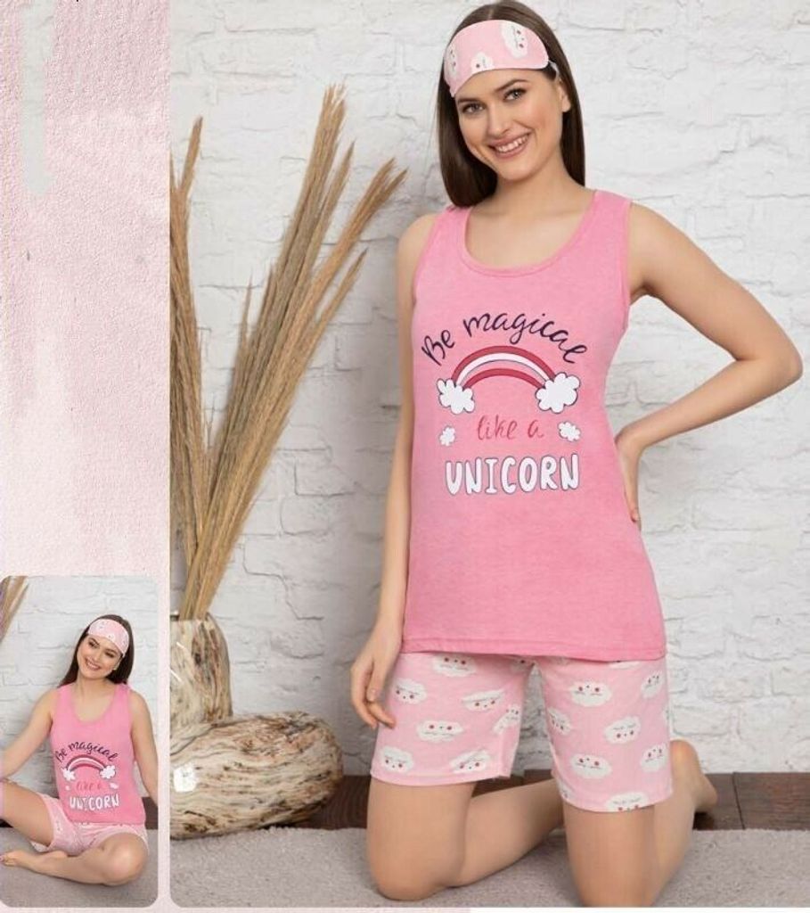 Damen Pyjama Baumwolle Shorty Rosa S Kurz Schlafanzug 3-Teiler Set mit Augenband E-97