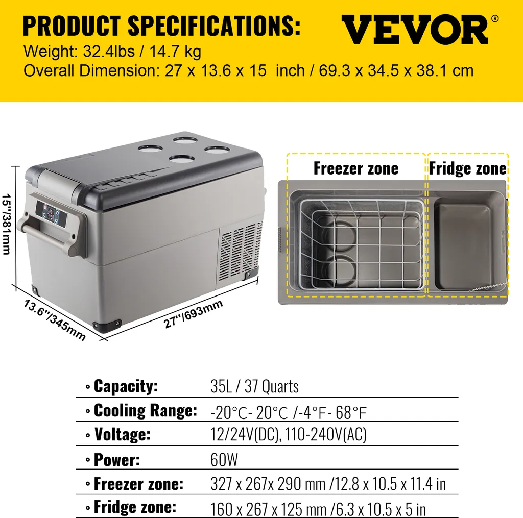 Frigo de Voiture Portable 35L Glacière Électrique 12V VEVOR pour Auto