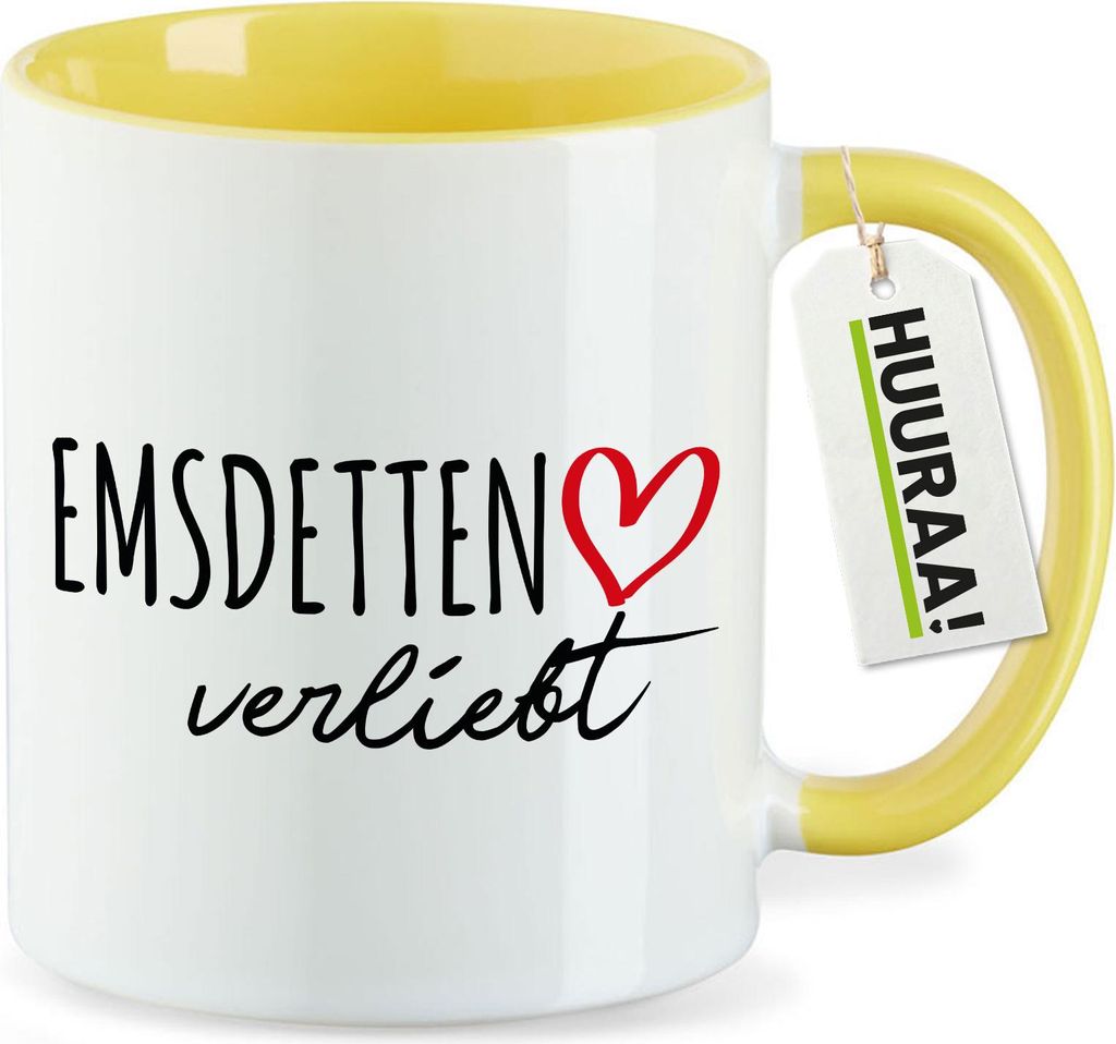 Huuraa Kaffeetasse Emsdetten verliebt 330ml Gelb Keramik Kaffeebecher Geschenkidee
