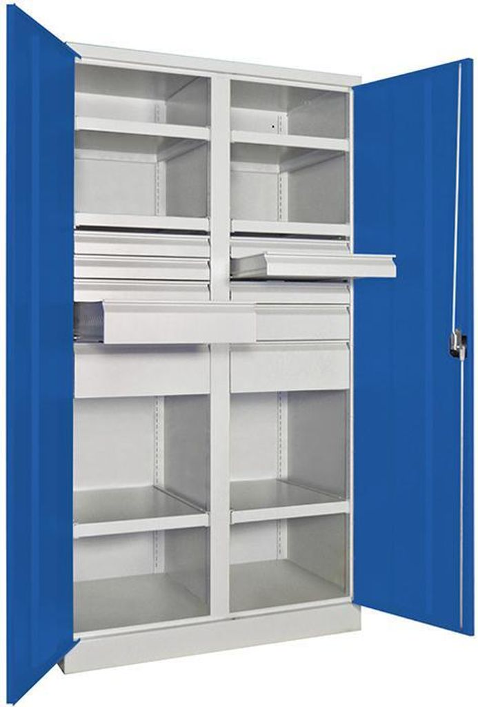 Schwerlastschrank, Vollblechtüren, m. Trennwand, 6 Böden, 200 kg Traglast, Schubl.: 6x75,2x125, 2x175 mm, BxTxH 1040x630x1950 mm, RAL 7035/5010