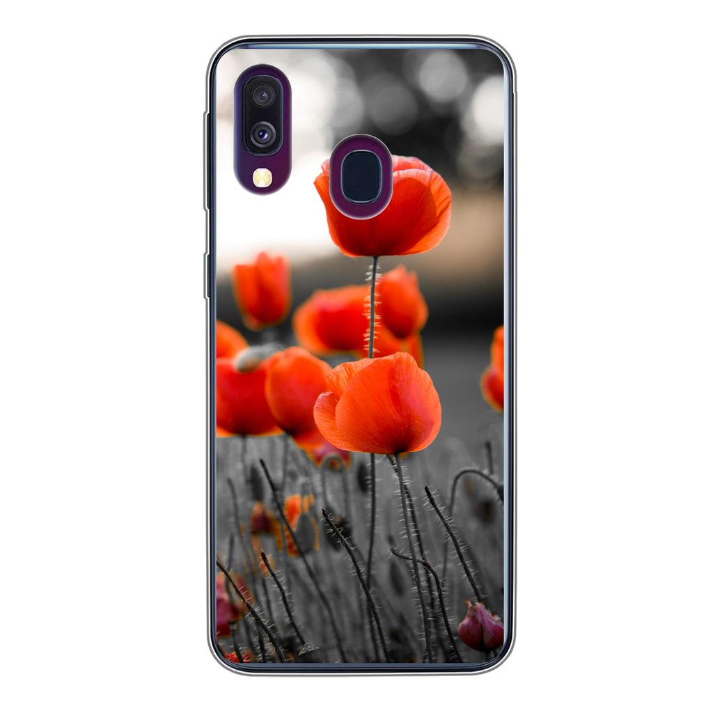 MuchoWow Handyhülle Schutzhülle Hülle für Samsung Galaxy A40 Rote Mohnblumen vor schwarzem und weißem Hintergrund Silikon Softcase Handy Hü...