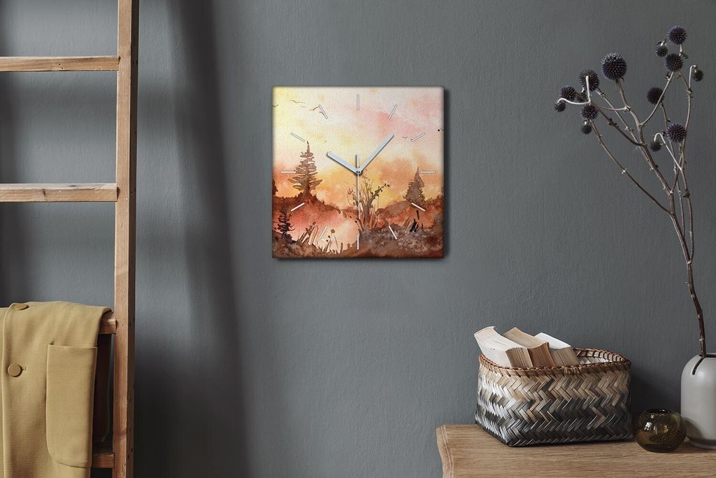 Coloray Hodiny Unikátní 30x30 cm Tiché hodiny Pro obývací pokoj a kuchyň Nástěnné hodiny Plátno Bílé ručičky hodin - Akvarel les