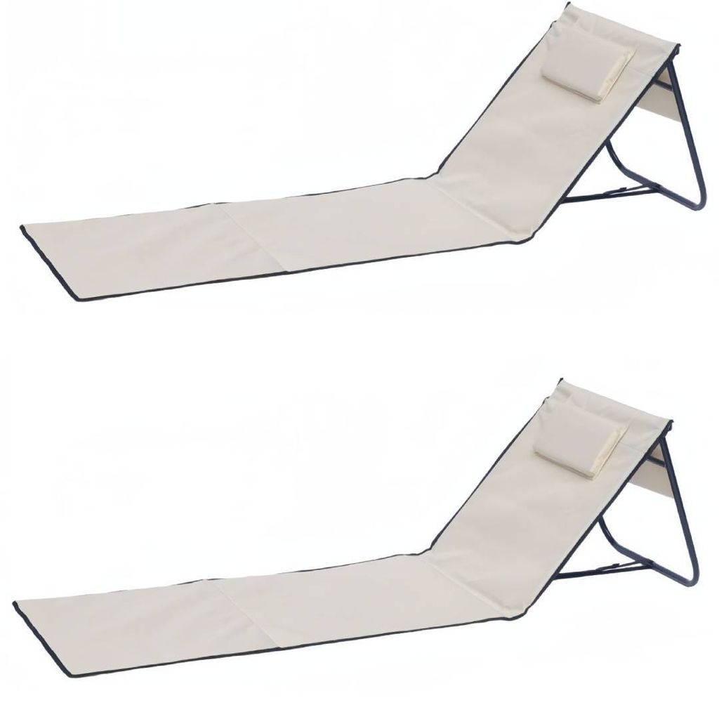 Two beige beach loungers are shown against a white background.