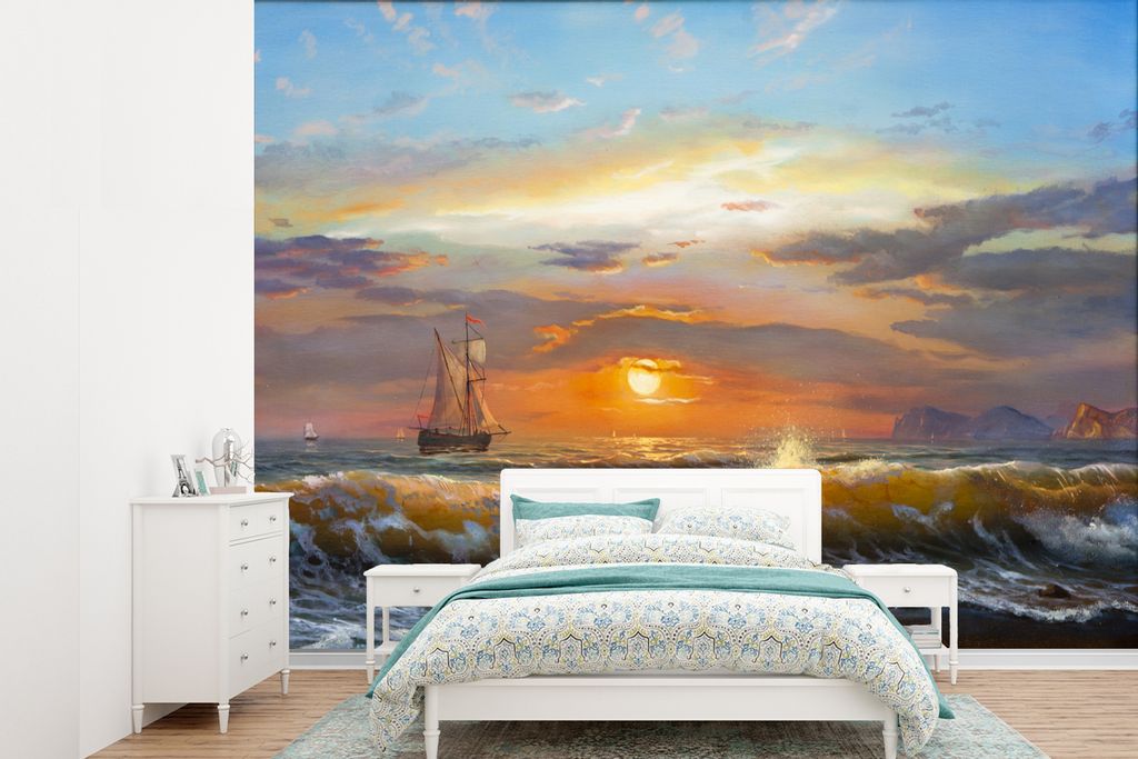 MuchoWow Fototapete für Wohnzimmer oder Schlafzimmer Wandtapete Vinyl Motivtapete Malerei - Wasser - Segelboot - Ölfarbe - 305x220 cm - Wandbilder