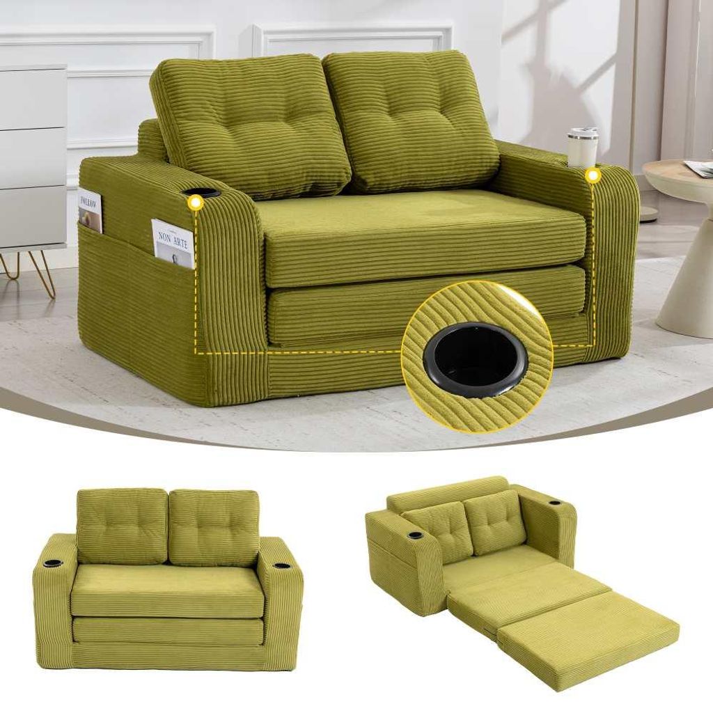 AIORBER Zweisitzer Sofa Cord Sitzsack Sofa modulares Bodensofa ohne Rahmen mit Getränkehaltern Seitentaschen gepolstert weich Olivgrün