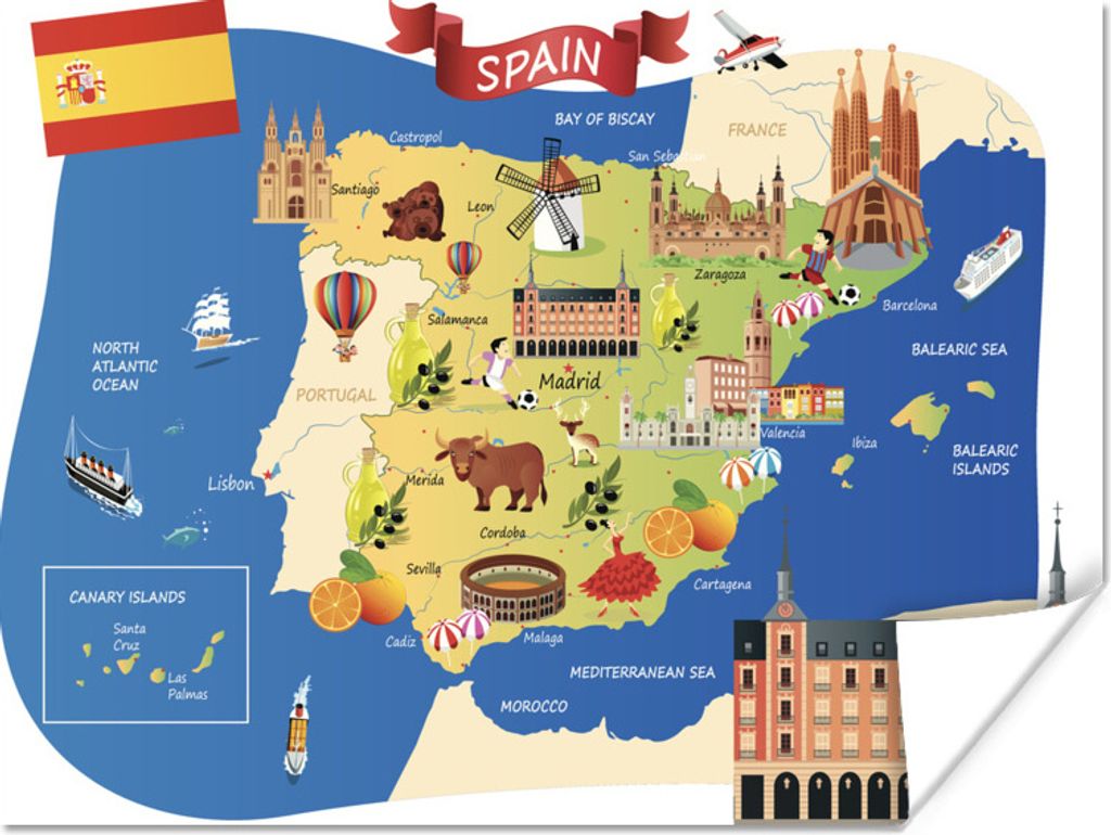 MuchoWow Poster Karte von Spanien mit Abbildungen von Sehenswürdigkeiten 160x120 cm - Foto Plakat