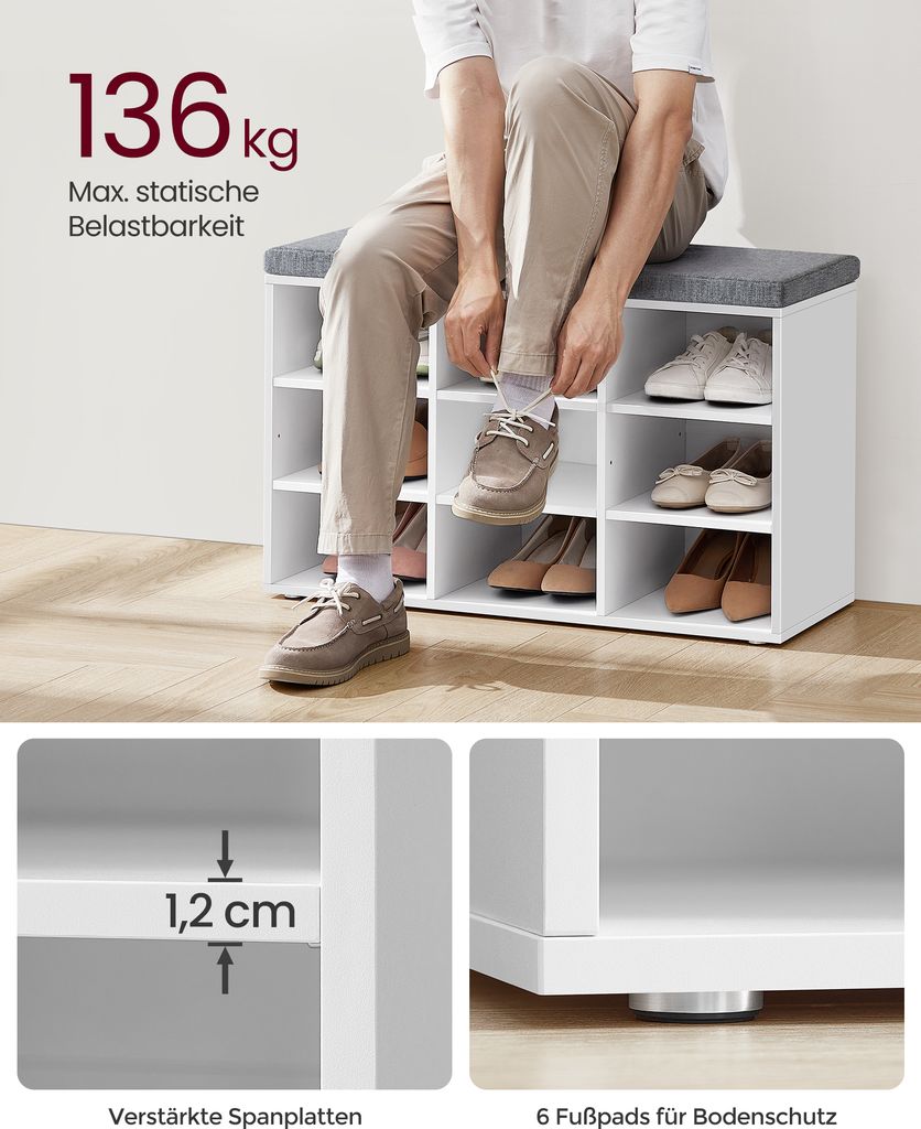 VASAGLE Schuhbank, Sitzbank, 9 Fächer, Länge 78,5 cm, Weiß Produktbild 6