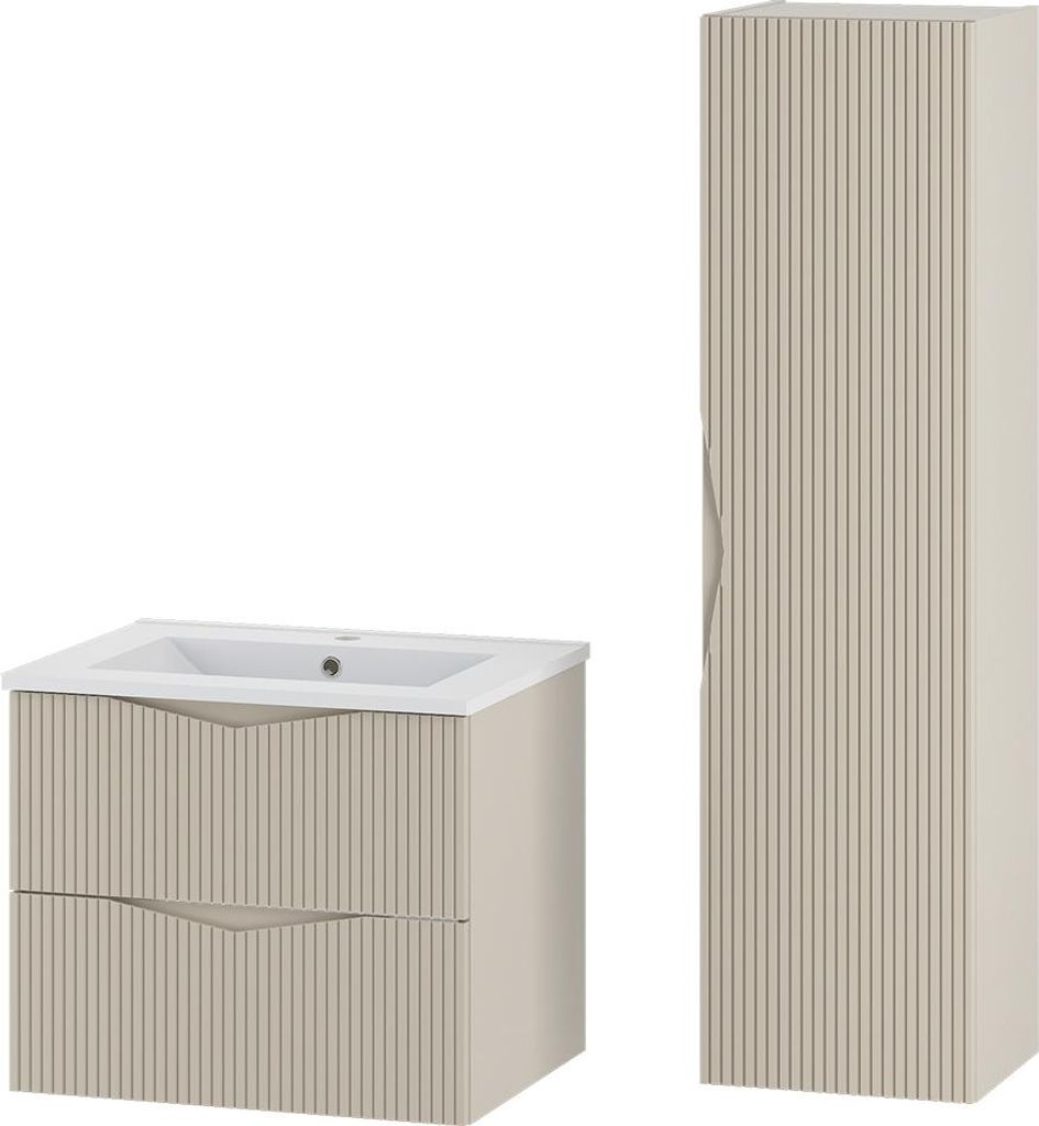Badmöbel-Set 2-teilig mit 60 cm Waschtisch in beige mit gerillter Front - CALURI-140