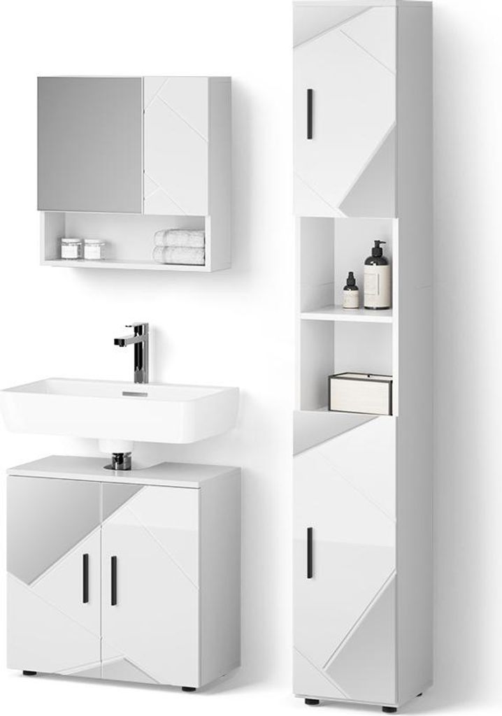 Badmöbel-Set Livinity Ronco Weiß Hochglanz mit Einsätzen 3 Teile, mit Hochschrank, Model 52746