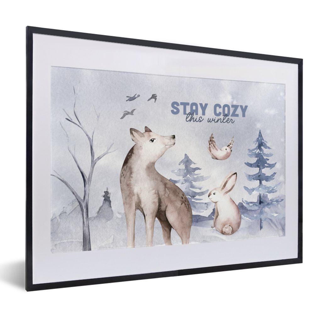 MuchoWow Gerahmtes Poster Winter - Wolf - Vogel - Kaninchen 40x30 cm - Poster mit Schwarzem Bilderrahmen Wandposter Rahmen Foto Bilder - Bilderra...