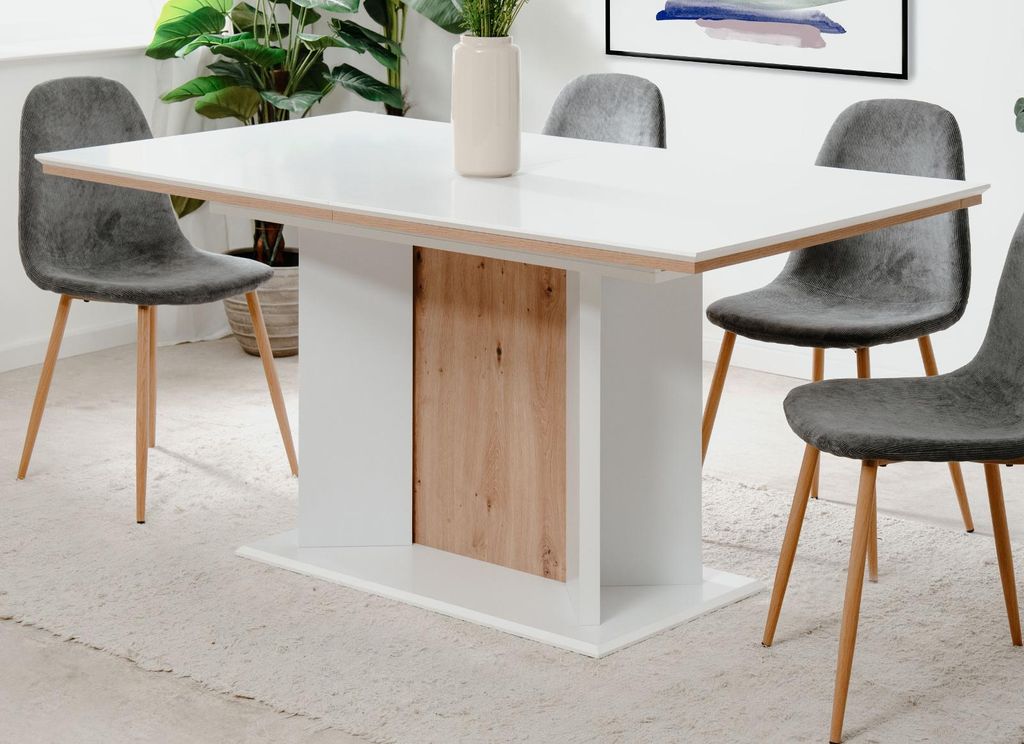 Esstisch "Varese" in weiß und Artisan Eiche Säulentisch ausziehbar 160 / 200 x 90 cm
