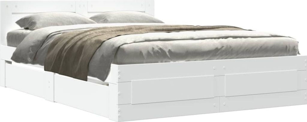 A white bed frame with drawers, shown from a side angle.