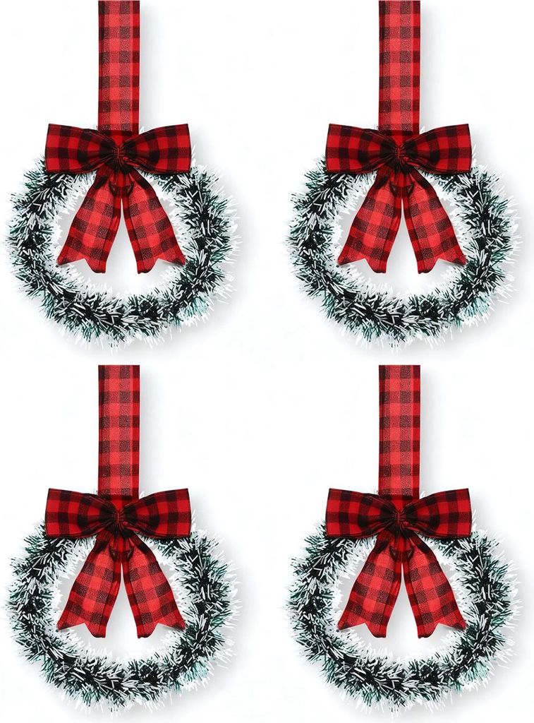 Mini-Weihnachtsschrankkränze (13 cm) – Kleine Küchen-Weihnachtsdekoration mit roter Schleife aus Kunststoff, Rattan und Stoff – Für Fenster,...