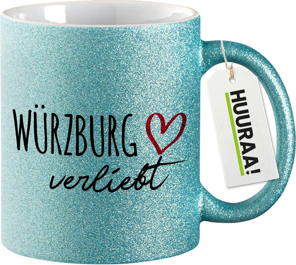 Huuraa Glitzertasse Würzburg verliebt 330ml Blau Keramik Kaffeebecher Geschenkidee