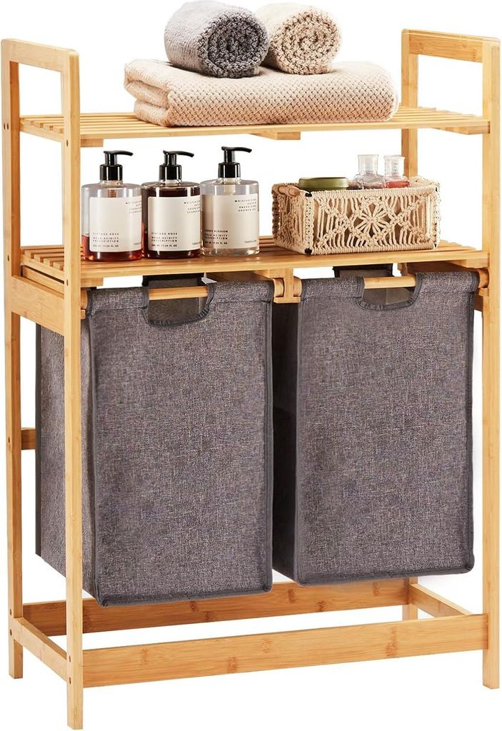 Bambusrahmen Wäschekorb mit 2 Regalen und 2 herausziehbaren Wäschesäcken - Ideal für Schlafzimmer, Badezimmer und Waschküche - Grau - 93 x 64 ...